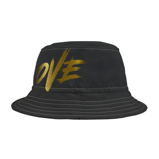 Stylish AOP Bucket Hat with Gold LOVE Design, Trendy Summer Accessory, Perfect for Festivals, Beach Outings, Casual Wear, Outdoor Adventures