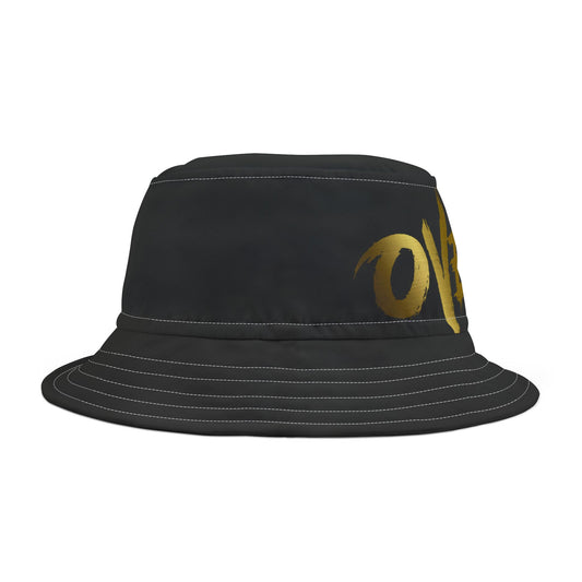 Stylish AOP Bucket Hat with Gold LOVE Design, Trendy Summer Accessory, Perfect for Festivals, Beach Outings, Casual Wear, Outdoor Adventures